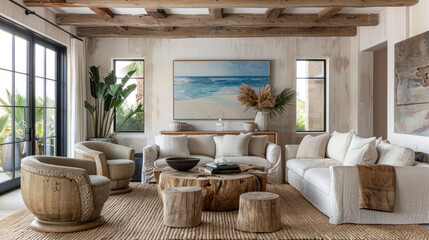 beautiful small space casual living family room soft neutral wood beams and a gorgeous grouping of swivel color fabric chairs around a striking coffee table coastal design nature freshness