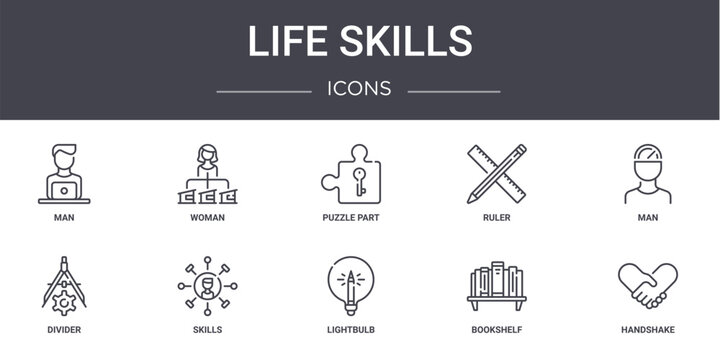 life skills concept line icons set. contains icons usable for web, logo, ui/ux such as woman, ruler, divider, lightbulb, bookshelf, handshake, man, puzzle part