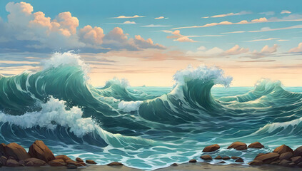 Sea water waves collide at high tide and low tide. Cartoon or anime illustration style. - obrazy, fototapety, plakaty