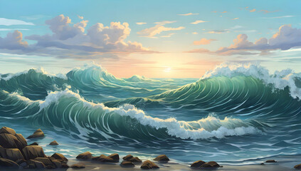 Sea water waves collide at high tide and low tide. Cartoon or anime illustration style.