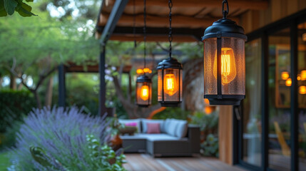 A closer look at a rustic lanternstyle light hanging above a wooden patio creating a rustic yet elegant ambiance.