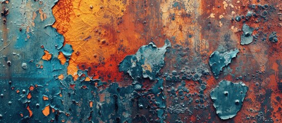 A vibrant abstract metal texture featuring a rusted surface with vivid orange and blue paint.