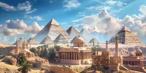 An ancient Egyptian city at the peak of its glory, with pyramids, Sphinx, and bustling markets. Resplendent. The Nile's Embrace: - obrazy, fototapety, plakaty