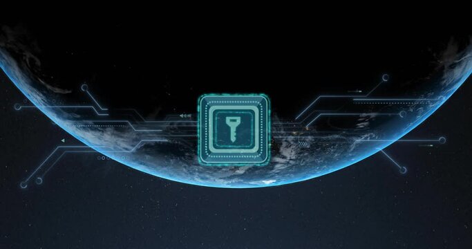 Animation of circuit board and connection with key over globe and dark background