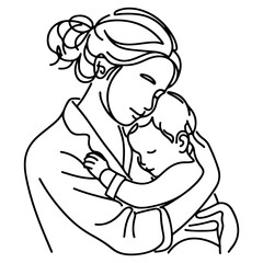 sketch mother hugging small child. Single one black line drawing woman being Hugged By Her children vector illustration