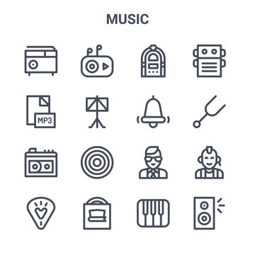 set of 16 music concept vector line icons. 64x64 thin stroke icons such as mp player, mp file, diapason, mod, album, speaker, piano, bell, pedal