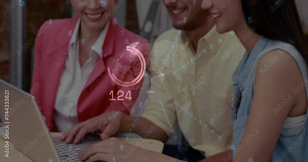 Poster animation of network of connections and data processing over diverse business people in office