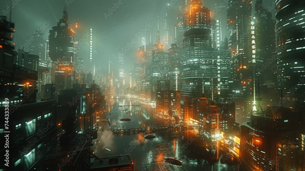 Poster a futuristic cityscape is reflected in a large transparent hologram with streams of data flowing in 