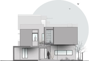 Architecture of modern house. architecture drawing Building exterior of contemporary villa. Private real estate. Colored flat graphic isometric building on background
