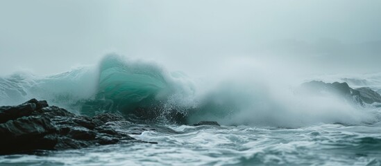 Obraz premium Powerful wave crashing on dramatic rocky shore during stormy weather