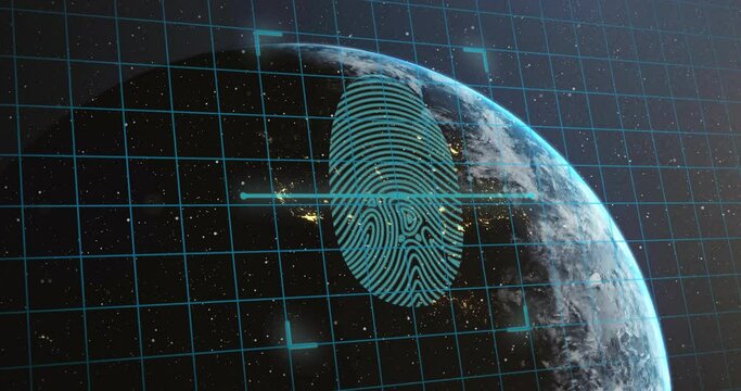 Animation of biometric fingerprint and connection with padlocks over globe and dark background