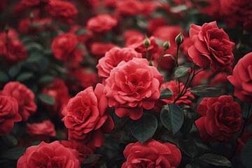 Fototapeta premium Red rose bush. Flower nature park. Generate Ai
