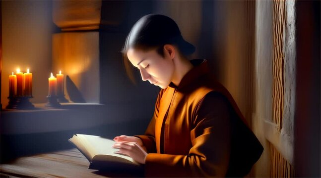 Attentive woman studying at home holding book and reading while sitting with candlelight in house