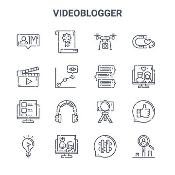 set of 16 videoblogger concept vector line icons. 64x64 thin stroke icons such as reward, clapperboard, drama, camera, fashion, trending, hashtag, conversation, magnet