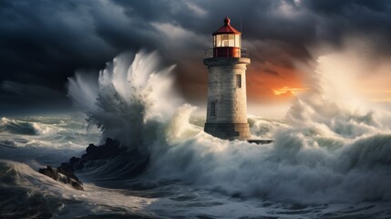 Storm with big waves over the lighthouse at the ocean