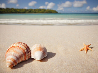 Fototapeta na wymiar Landscape with seashells on tropical beach - generated by ai