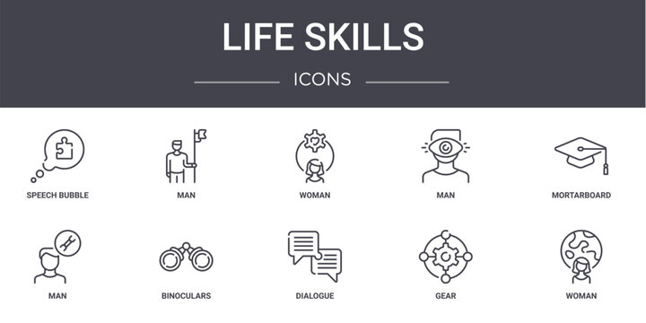 life skills concept line icons set. contains icons usable for web, logo, ui/ux such as man, man, man, dialogue, gear, woman, mortarboard, woman