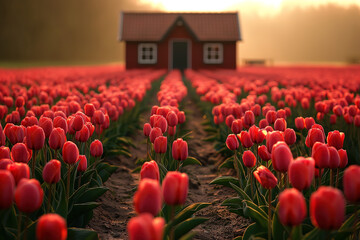 Picturesque red tulip flower fields in Holland and a house, Netherlands, scenic aerial view on a beautiful day - obrazy, fototapety, plakaty