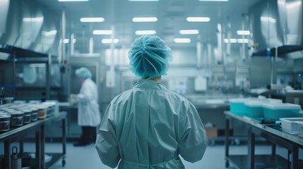 Technologist in protective uniform controlling food production