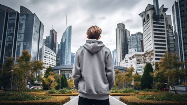 Teenager standing in front of modern high-rise city, Ready to face the future.