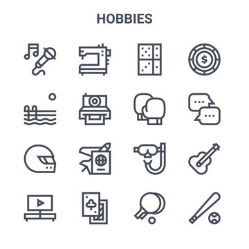 set of 16 hobbies concept vector line icons. 64x64 thin stroke icons such as sewing machine, swimming pool, chat box, scuba diving, poker cards, baseball, ping pong, sport, casino chip