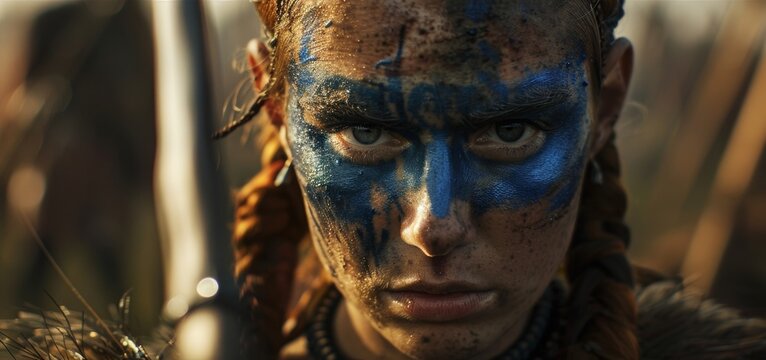 A female Celtic warrior her face adorned with blue war paint grips a spear with determination as she prepares to join the battle.