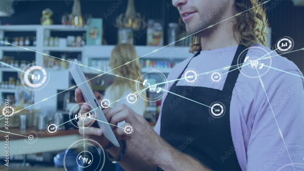 Poster Animation of network of connections with icons over caucasian man with tablet in cafe