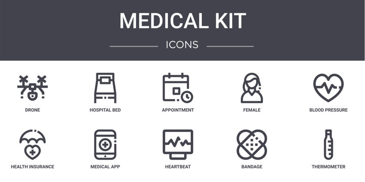 medical kit concept line icons set. contains icons usable for web, logo, ui/ux such as hospital bed, female, health insurance, heartbeat, bandage, thermometer, blood pressure, appointment