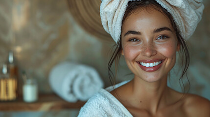 Serene Beauty: Woman with Towel on Head Enjoying Spa Day - obrazy, fototapety, plakaty