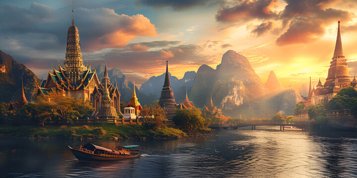 Iconic Treasures: World Landmarks in Focus, Painting of a river scene with a boat and a temple