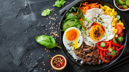 Traditional Korean dish bibimbap with fried egg, beef and vegetables