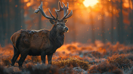 Wild red deer in nature at sunset, Mountain landscape wildlife view