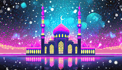 a mosque and background bokeh or eid mubarak greeting or mosque in the night or eid mubarak greeting card