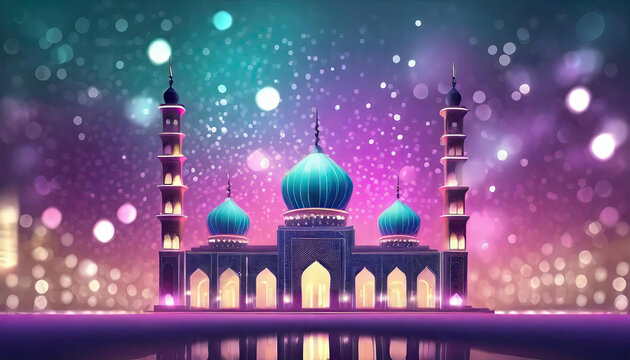 a mosque and background bokeh or eid mubarak greeting or mosque in the night or eid mubarak greeting card