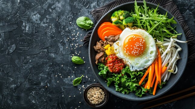Traditional Korean dish bibimbap with fried egg, beef and vegetables