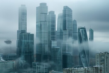 many tall modern glass buildings and tall office buildings, in the style of oleksandr bogomazov, light silver and dark navy, contemporary landscape, cinestill 50d, light gray and light azure, 