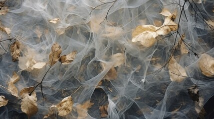 Transparent dry leaves with tentacle network spread over grey