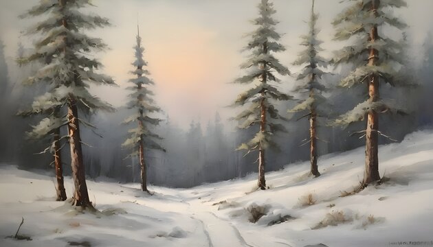 Arte digital estilo pintura al óleo de parque con arboles altos y nieve en invierno. Ilustración vintage en colores neutros en un atmosfera de calma y nostalgia