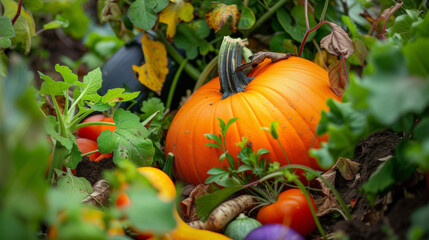 A closeup of a brilliant orange pumpkin nestled a green vines and surrounded by other colorful vegetables.
