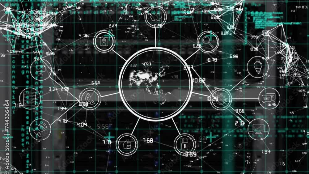 Poster animation of network of connections with icons and data processing