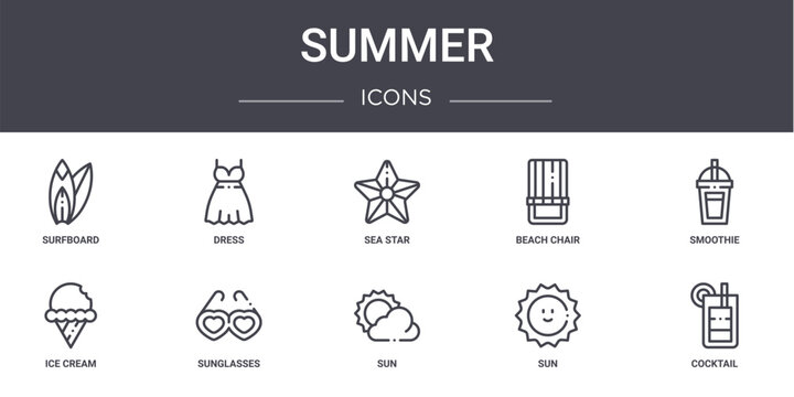 summer concept line icons set. contains icons usable for web, logo, ui/ux such as dress, beach chair, ice cream, sun, sun, cocktail, smoothie, sea star