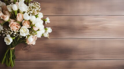 Wedding bouquet with flowers on wooden background