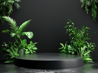 Modern monochromatic podium with green plants for a touch of natural elegance.