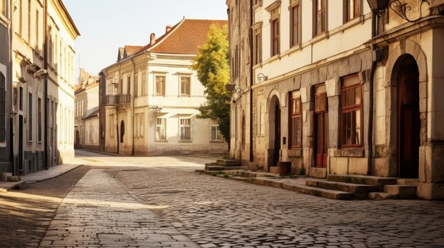 View to street the facade of old houses