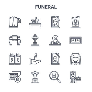 set of 16 funeral concept vector line icons. 64x64 thin stroke icons such as candles, coffin, funeral, photography, angel, photography, funeral, grave