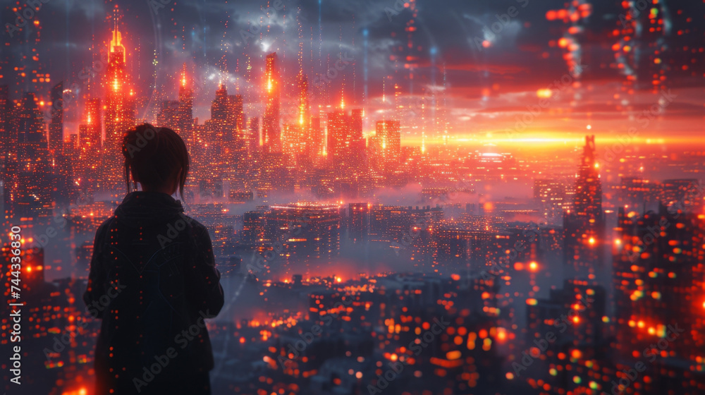 Poster a visually stunning representation of a futuristic cityscape with illuminated buildings and digital 