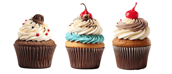 three cupcakes isolated on transparent background