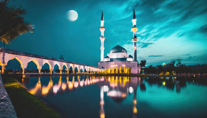 illustration of mosque in the night - obrazy, fototapety, plakaty
