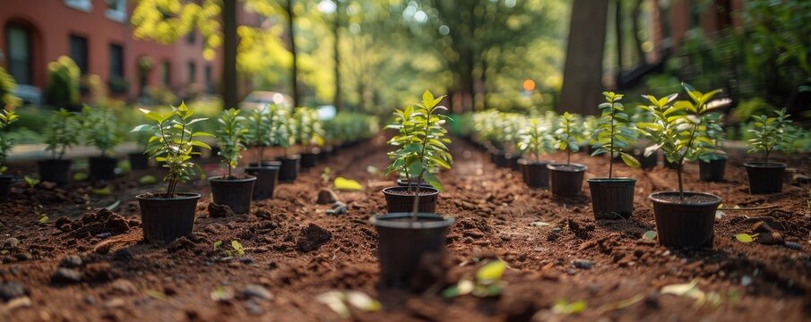 Community-led initiative to turn a vacant lot into a green space, with volunteers planting trees and setting up benches.