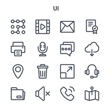 set of 16 ui concept vector line icons. 64x64 thin stroke icons such as video clip, printer, cloud computing, full screen, sound, map, phone, chat, certificate